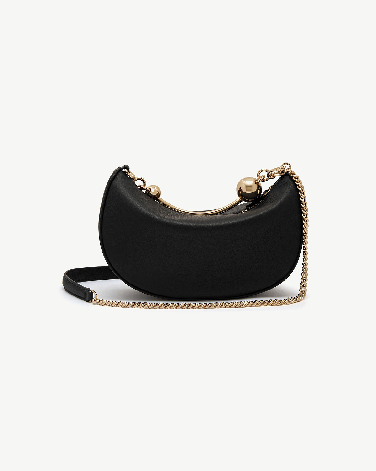 Black crescent-shaped mini bag with gold metal chain strap and ball clasp.
