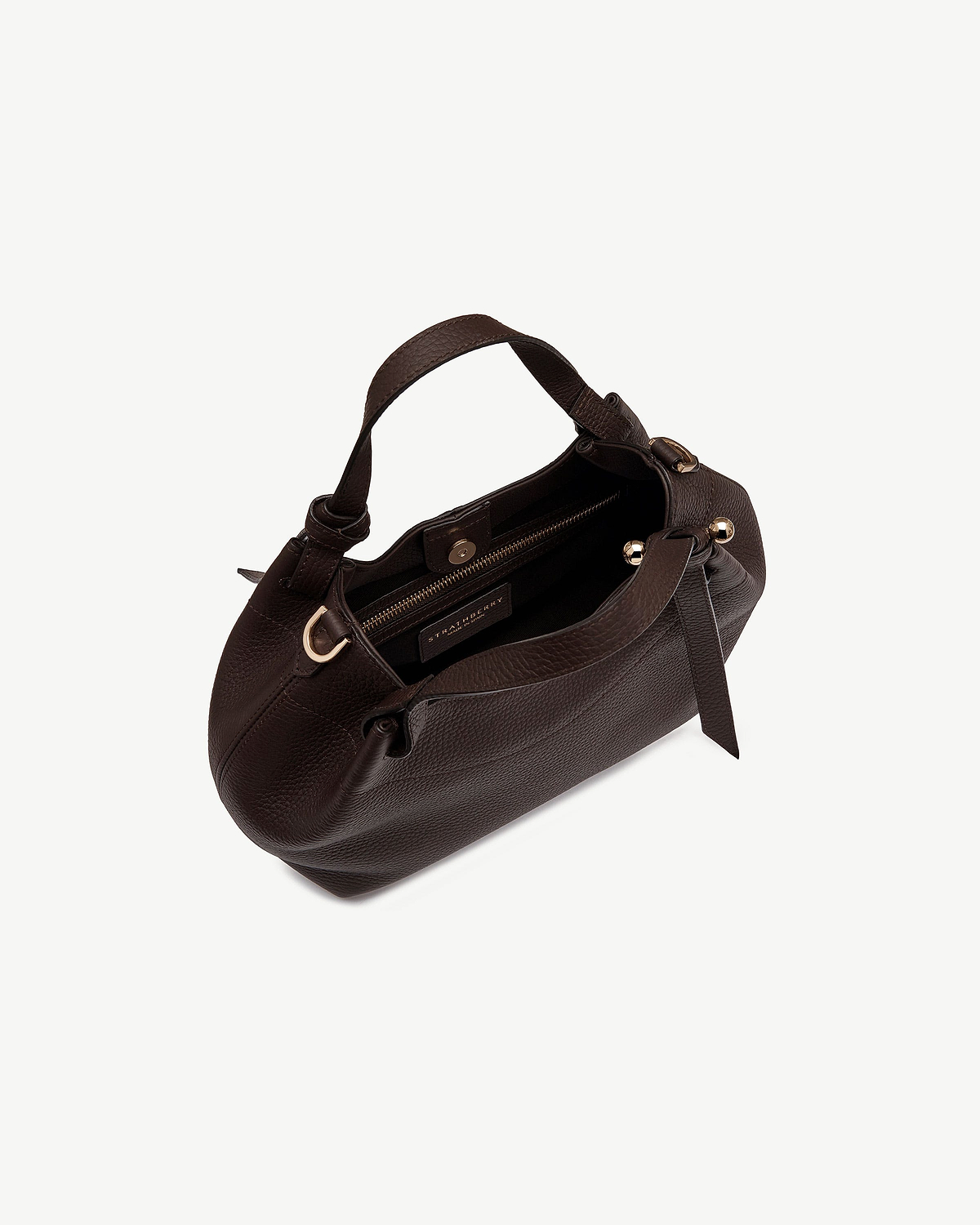 Espresso pebbled leather Barra Mini handbag with top handle and interior zip pocket.