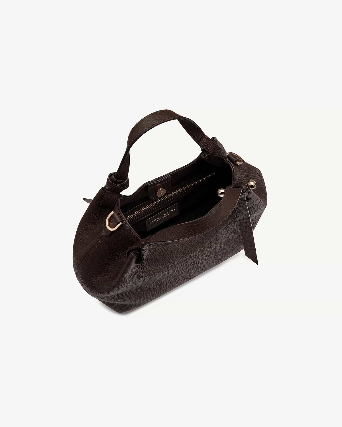 Espresso pebbled leather Barra Mini handbag with top handle and interior zip pocket.