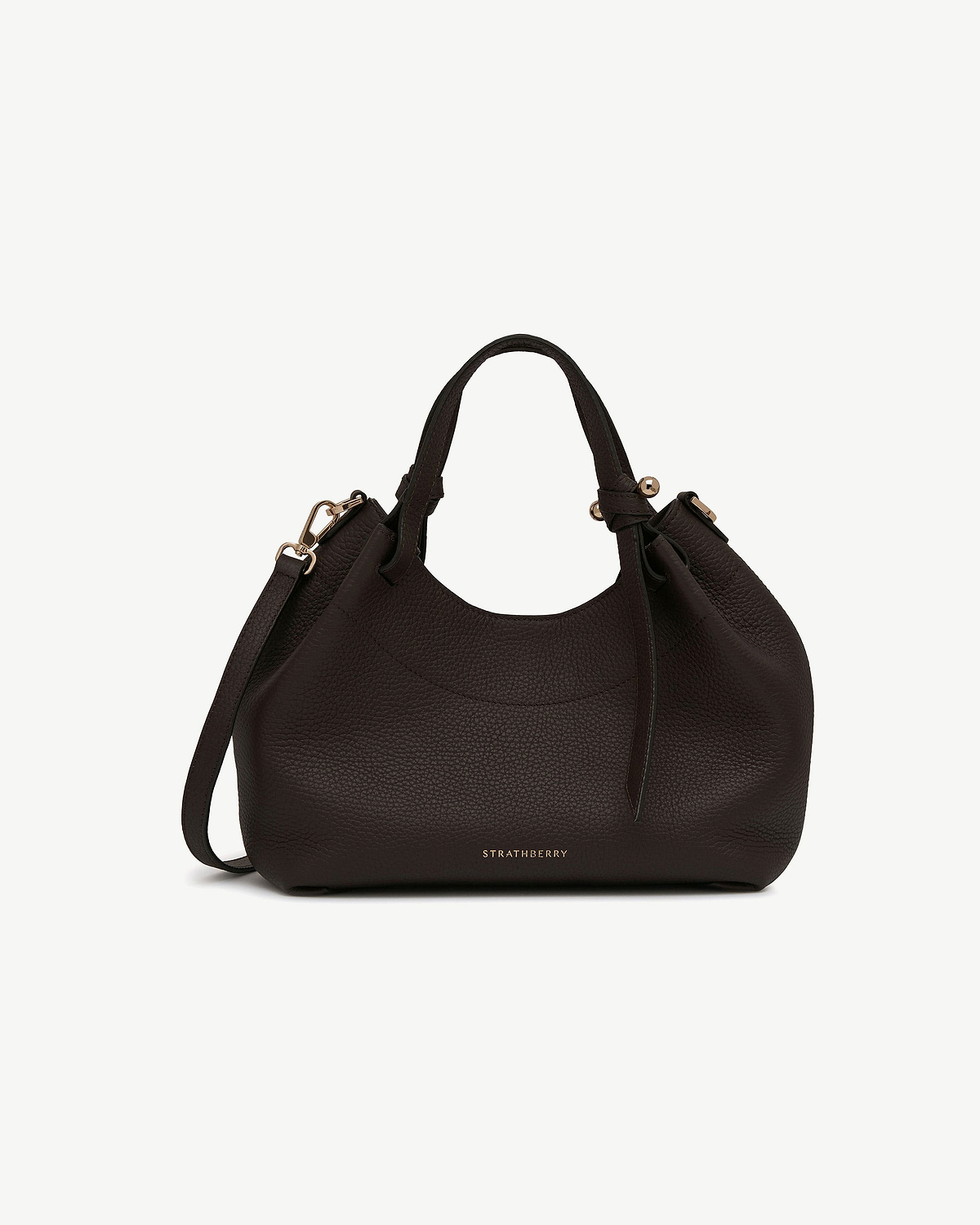 Espresso leather Barra Mini bag with top handles, detachable shoulder strap, Strathberry logo