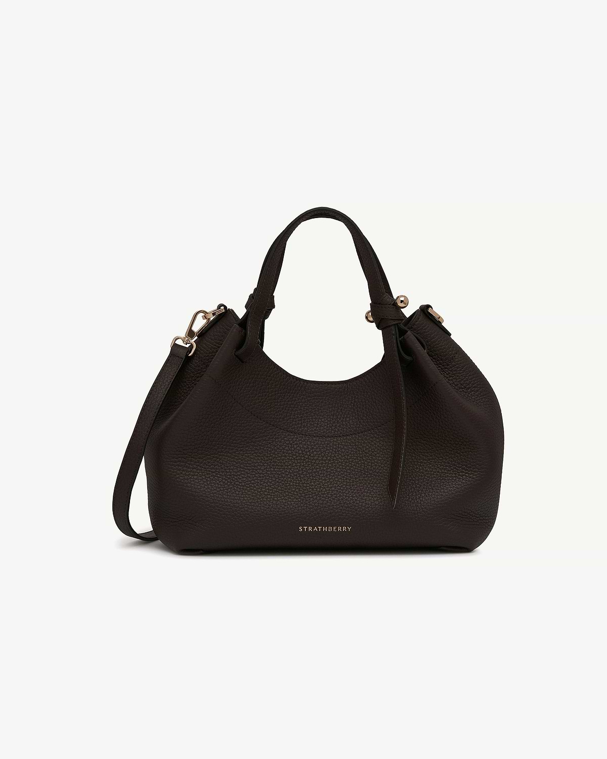 Espresso leather Barra Mini bag with top handles, detachable shoulder strap, Strathberry logo