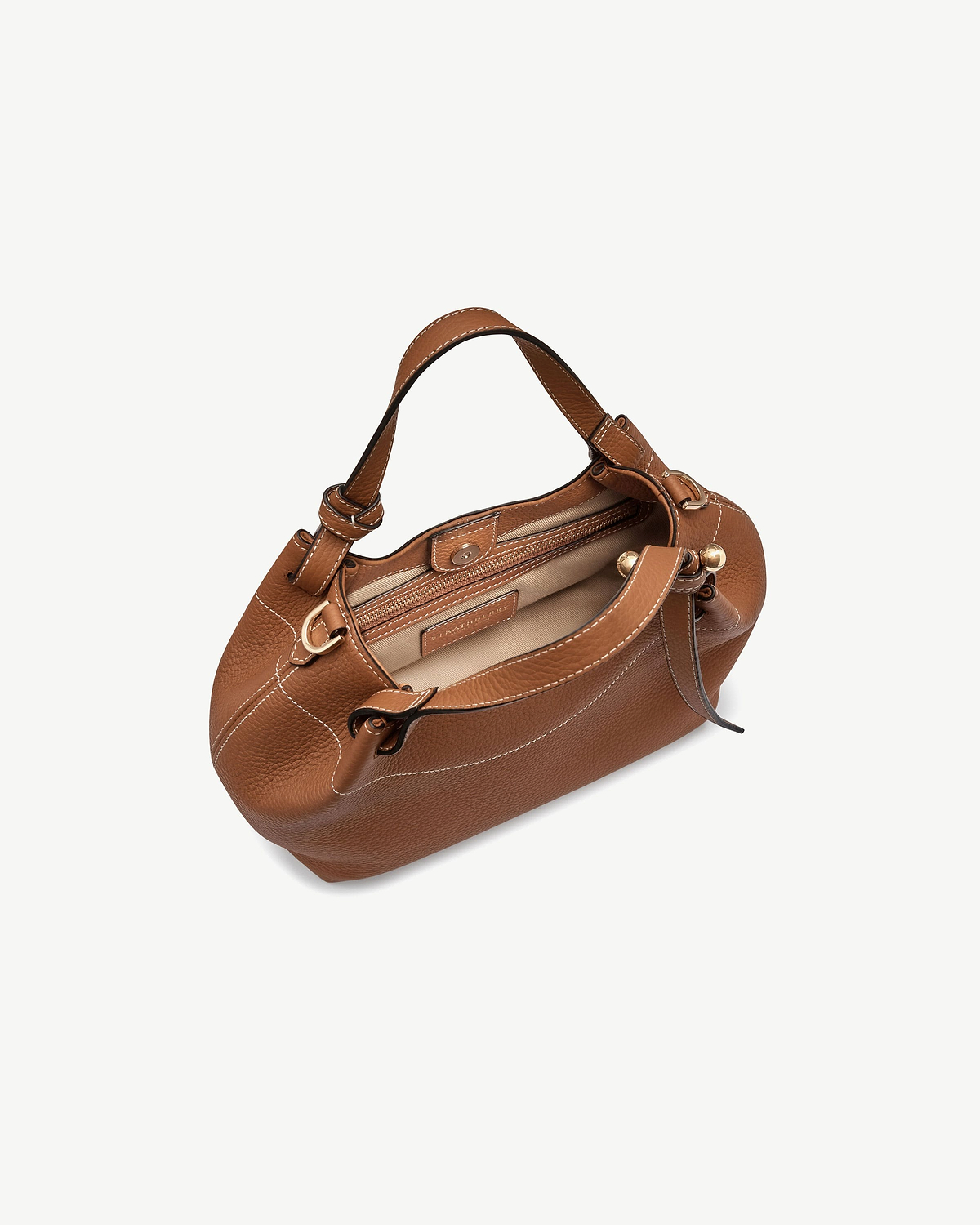 Tan leather Barra Mini handbag, top view showing open interior and handles
