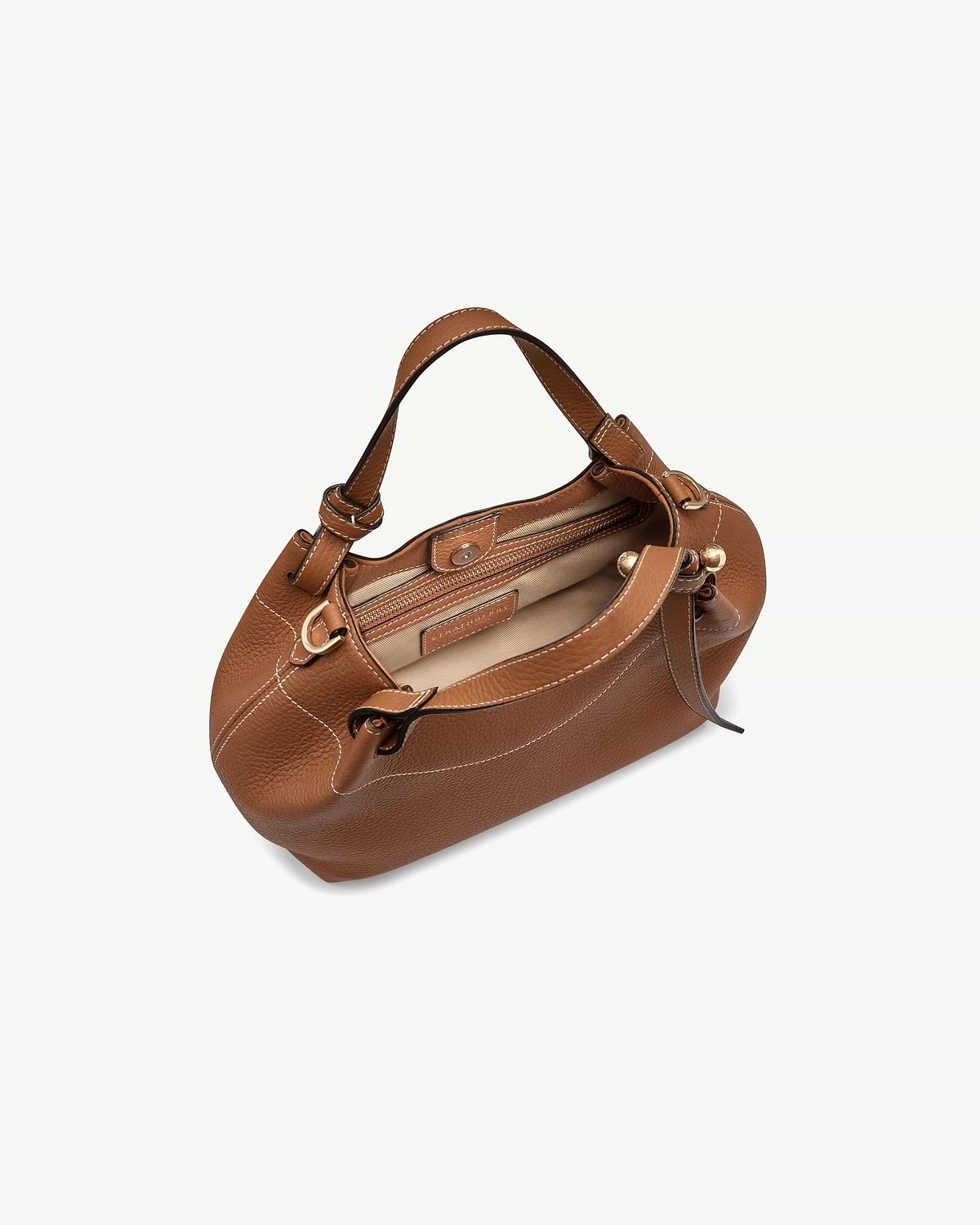 Tan leather Barra Mini handbag, top view showing open interior and handles