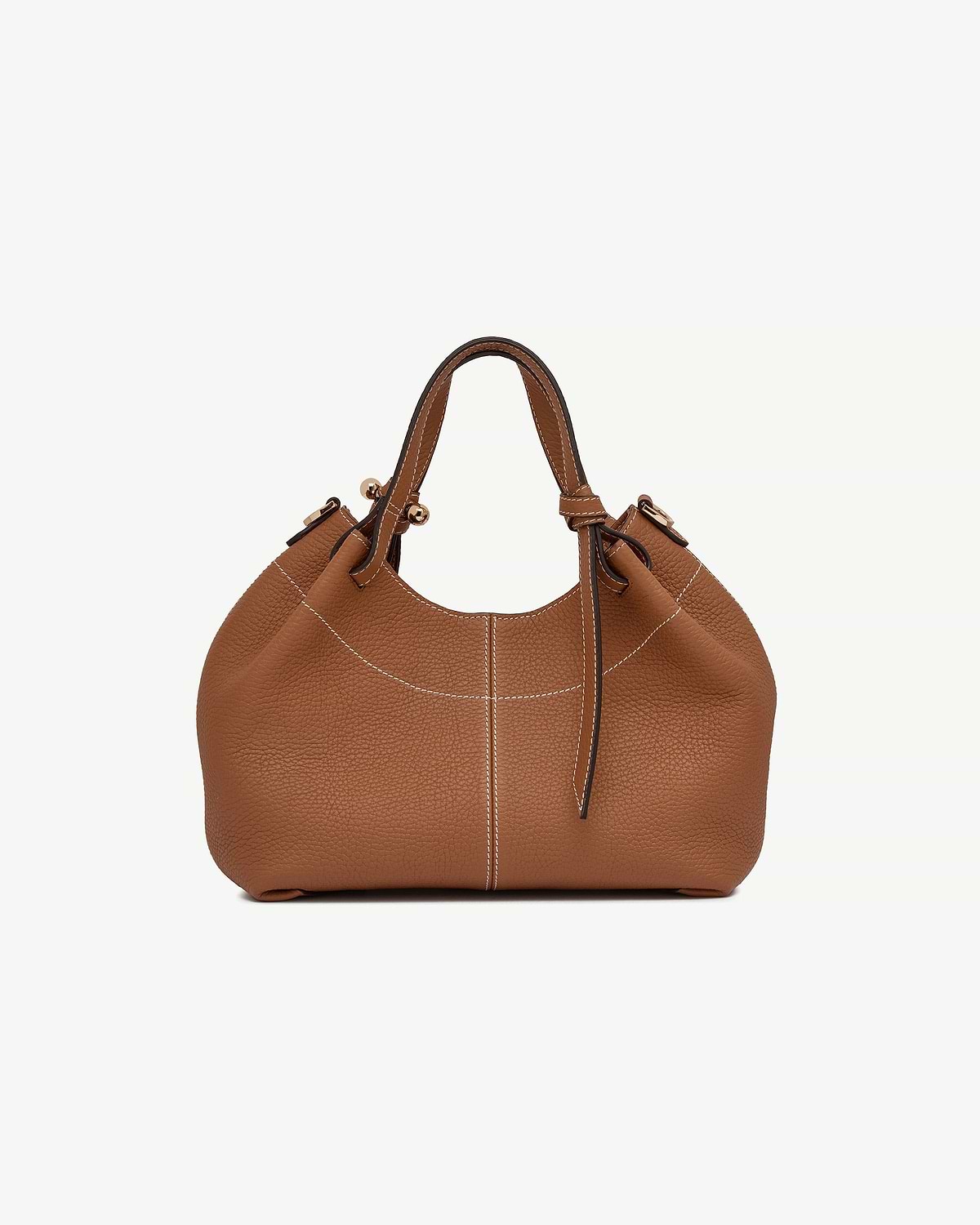 Tan pebbled leather handbag with double handles and white contrast stitching.