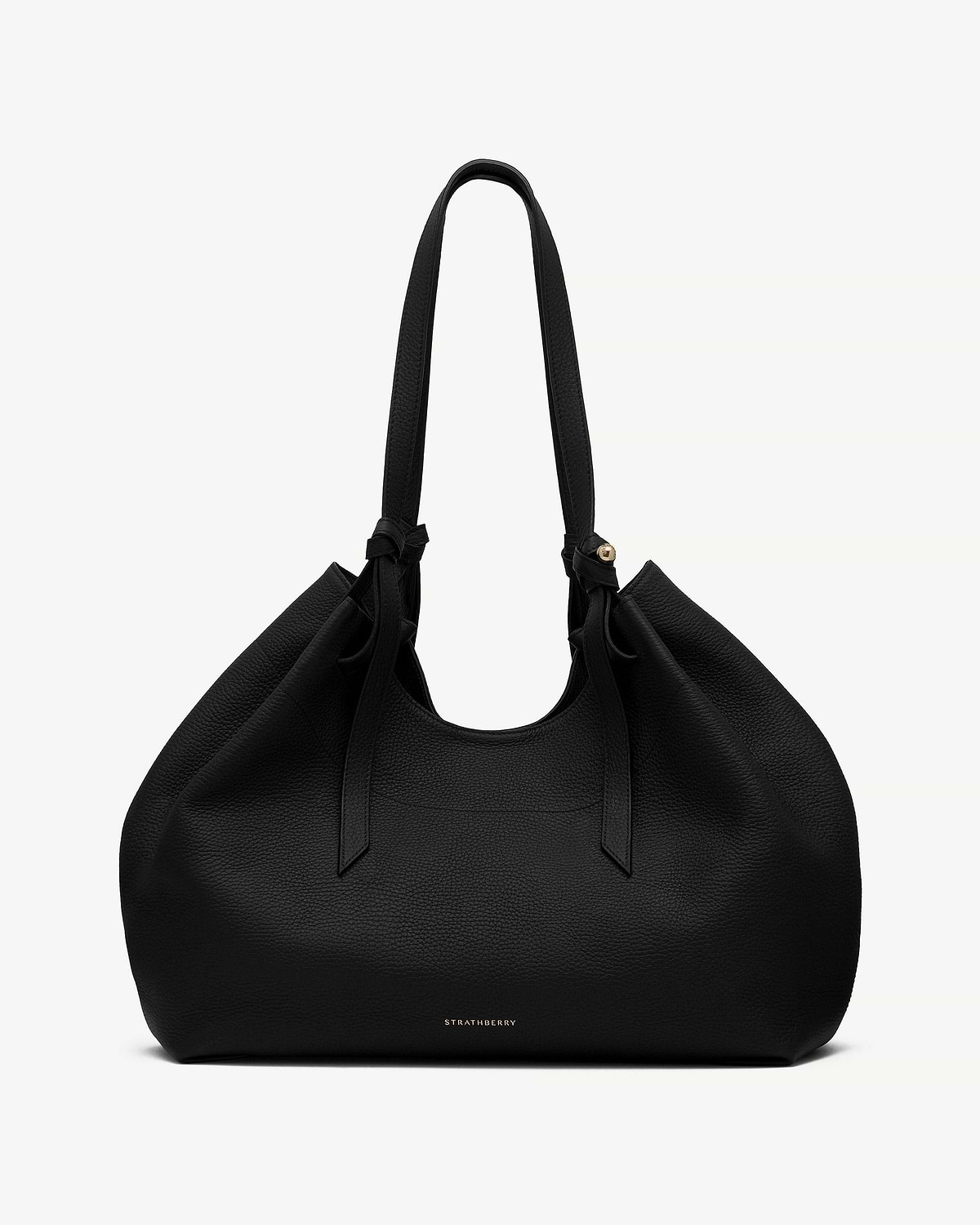 Black Barra tote bag with knotted handles and gold Strathberry logo