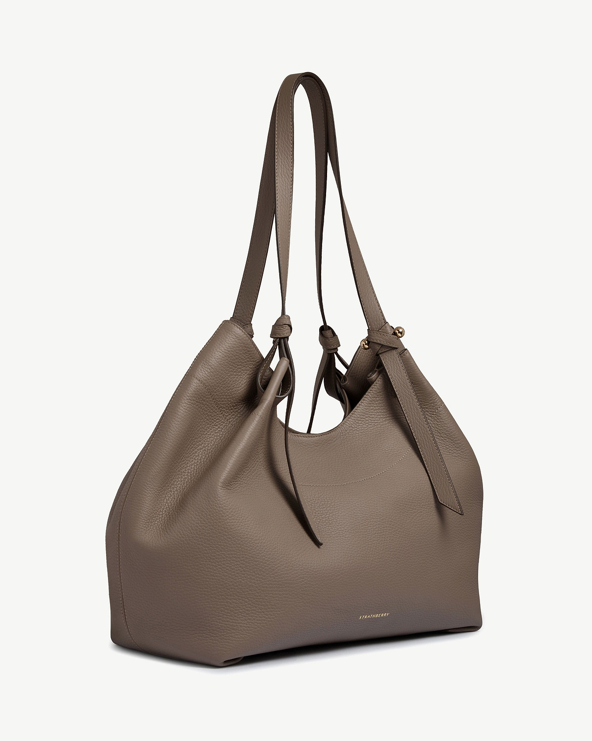 Taupe leather Barra tote with knotted straps and gold Strathberry logo