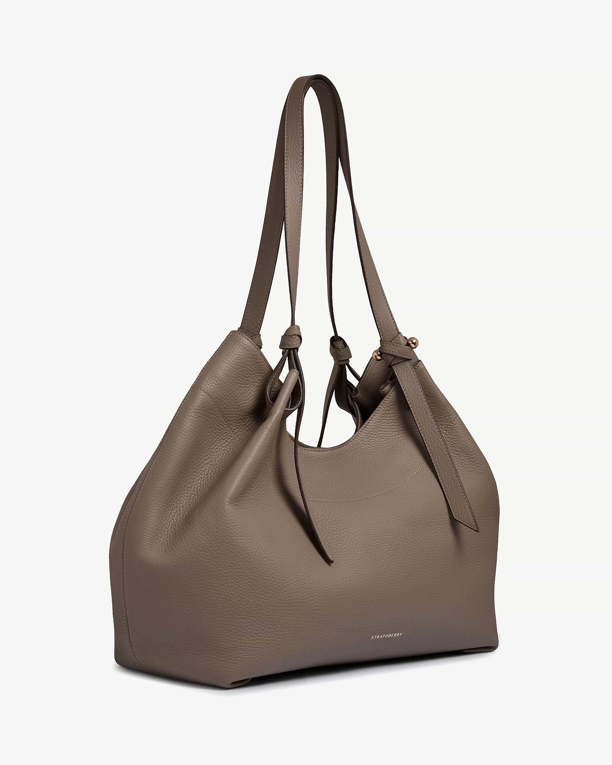 Taupe leather Barra tote with knotted straps and gold Strathberry logo