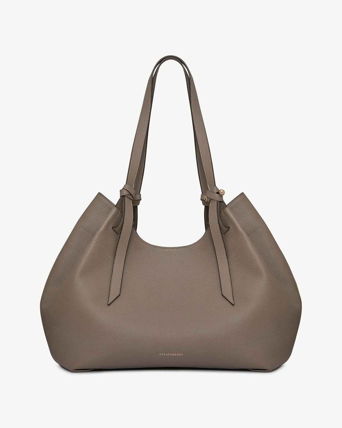 Taupe leather Barra tote with top handles and Strathberry logo.