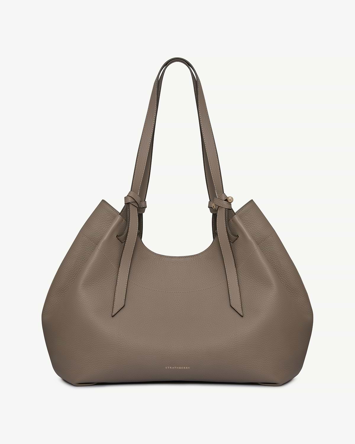 Taupe leather Barra tote with top handles and Strathberry logo.