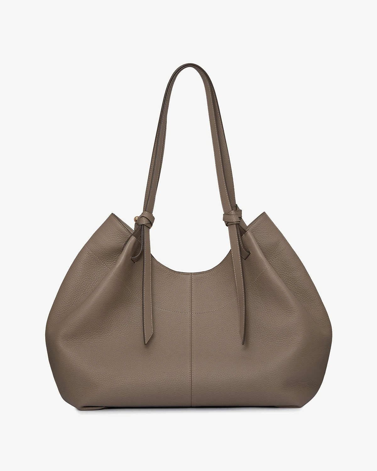Taupe Barra tote bag in pebbled leather with shoulder handles and knotted straps.
