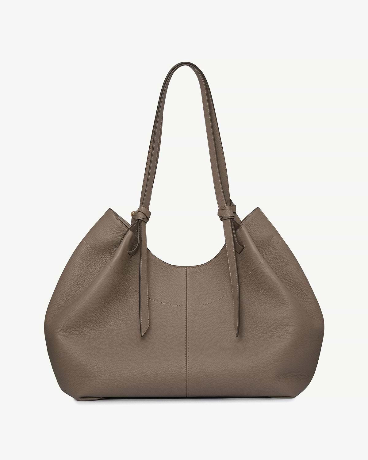 Taupe Barra tote bag in pebbled leather with shoulder handles and knotted straps.