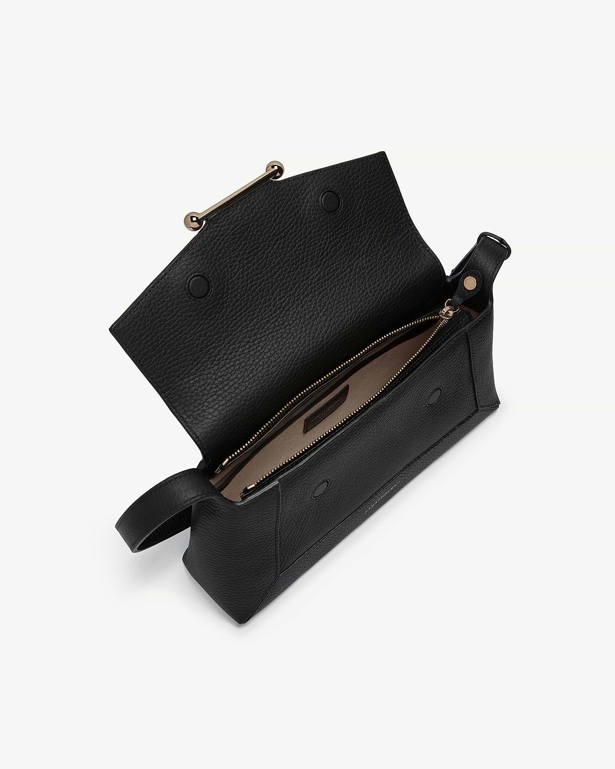 Black pebbled leather mosaic shoulder bag with gold bar closure and internal zip pocket.