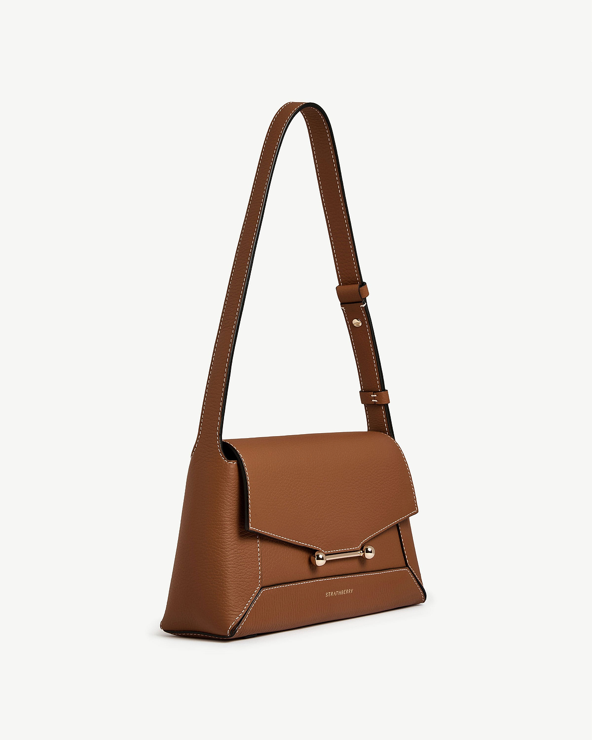 Tan Strathberry Mosaic Shoulder bag with flap, gold bar fastening, adjustable strap.