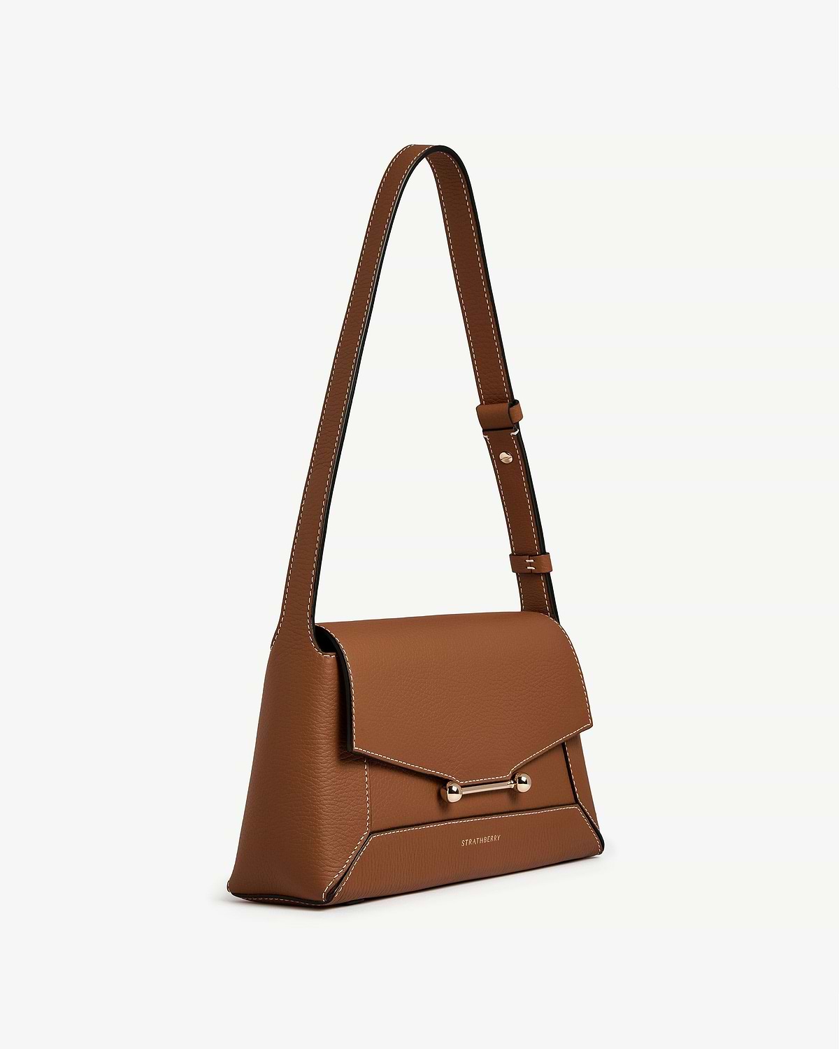 Tan Strathberry Mosaic Shoulder bag with flap, gold bar fastening, adjustable strap.