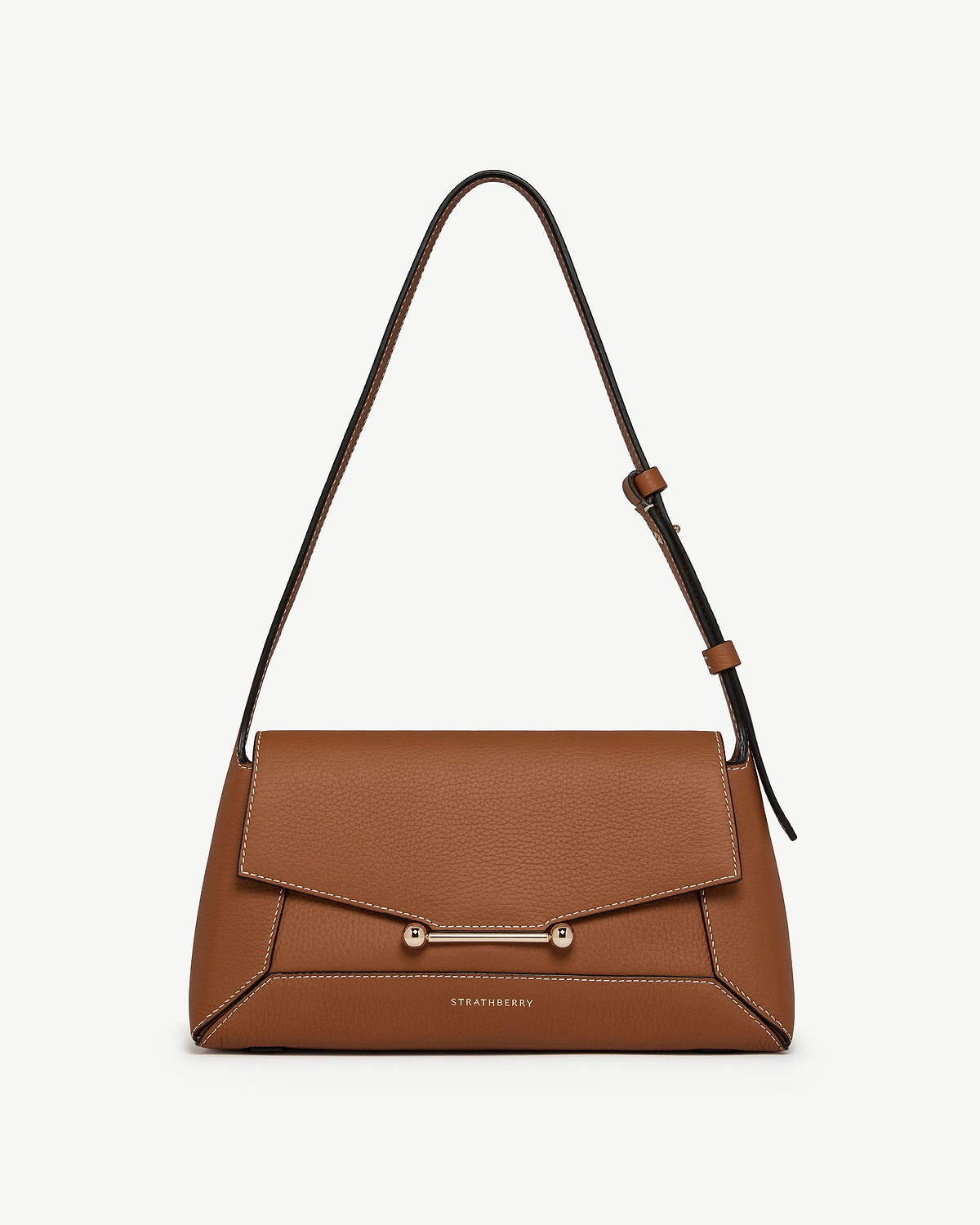 Tan Strathberry Mosaic Shoulder bag with gold bar closure and contrast stitching.