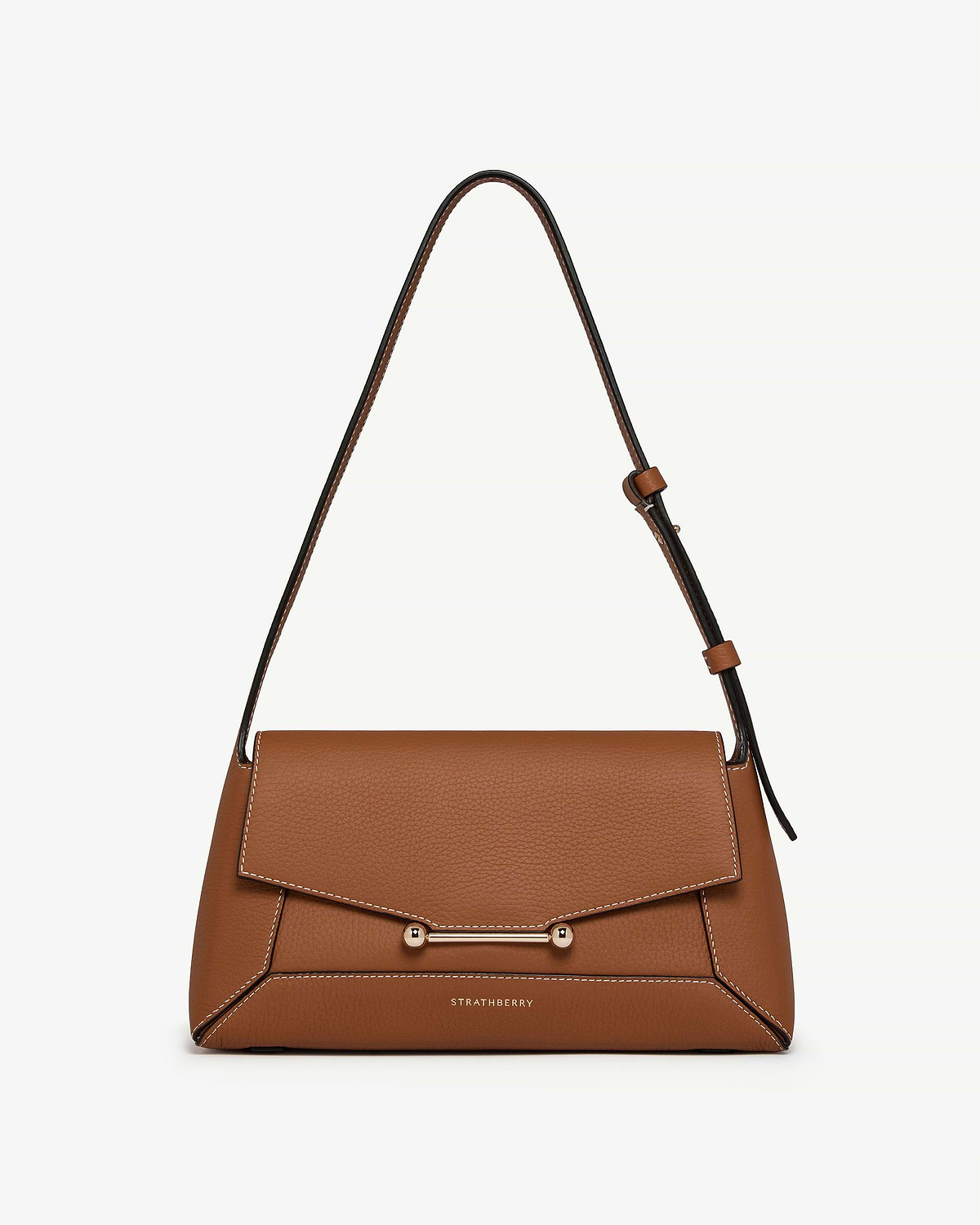 Tan Strathberry Mosaic Shoulder bag with gold bar closure and contrast stitching.