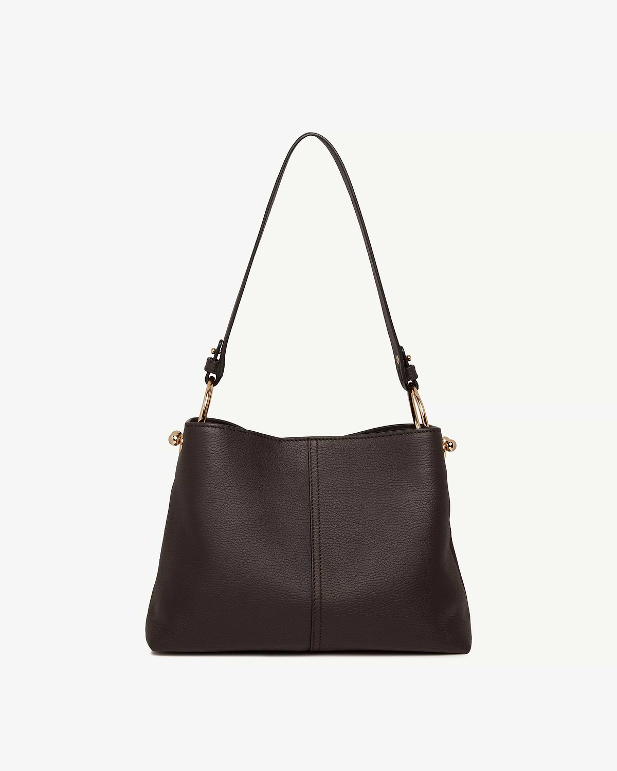 Espresso leather Lana hobo bag with gold ring hardware and single shoulder strap.