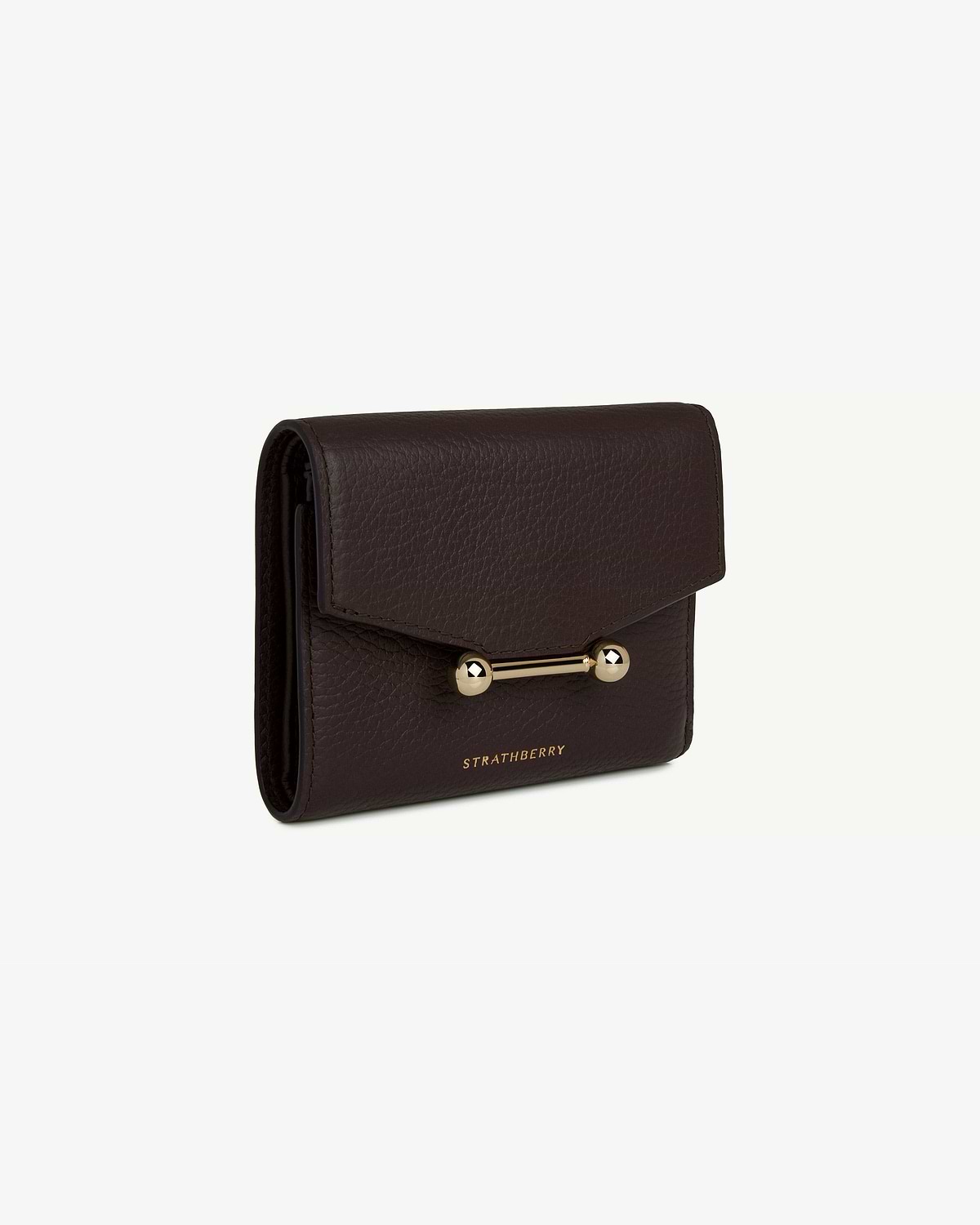 Strathberry Mosaic trifold wallet in espresso leather with gold bar hardware