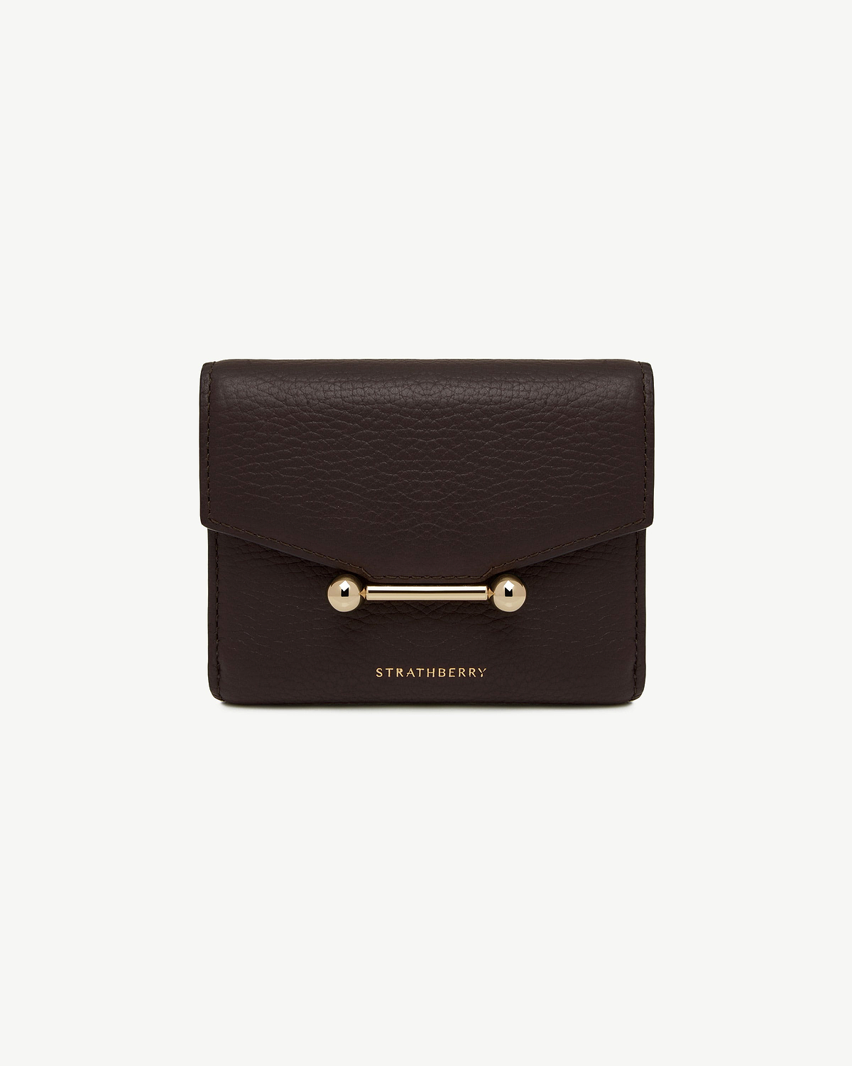 Mosaic trifold wallet in espresso leather with gold bar closure and Strathberry logo