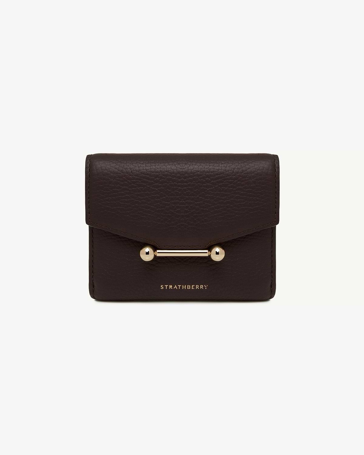 Mosaic trifold wallet in espresso leather with gold bar closure and Strathberry logo