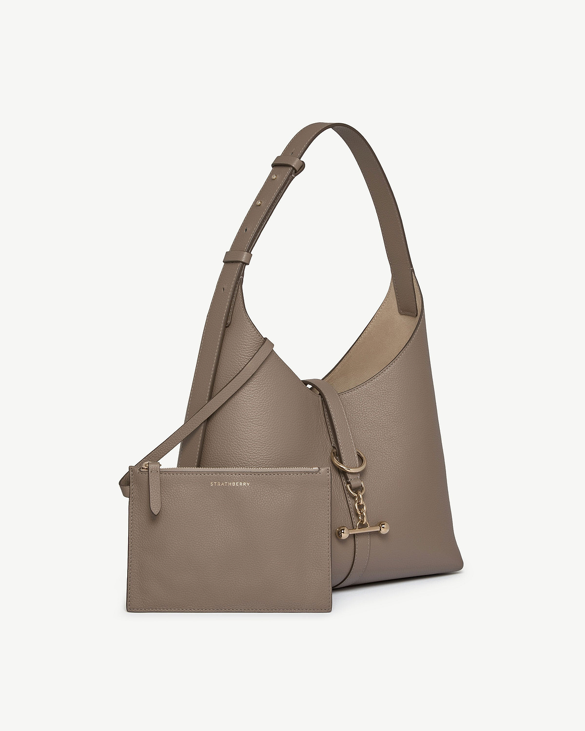Taupe Kite Hobo with matching pouch, adjustable strap and gold hardware, bearing Strathberry logo.