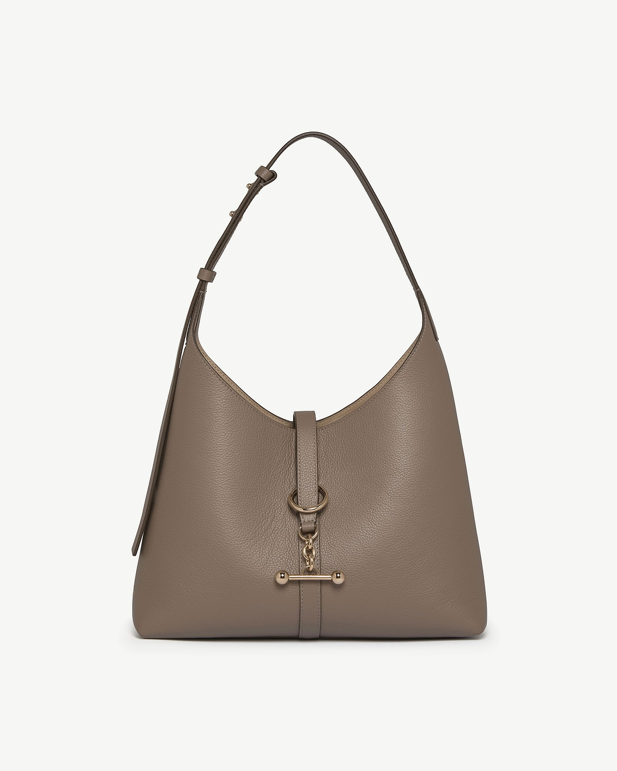 Taupe kite hobo bag in pebbled leather with gold hardware, front view.