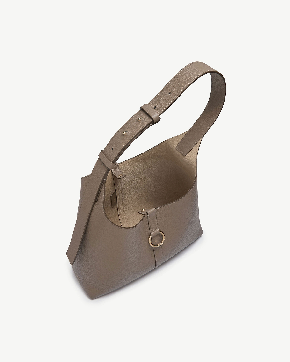 Taupe leather kite hobo bag with adjustable shoulder strap and gold ring detail.