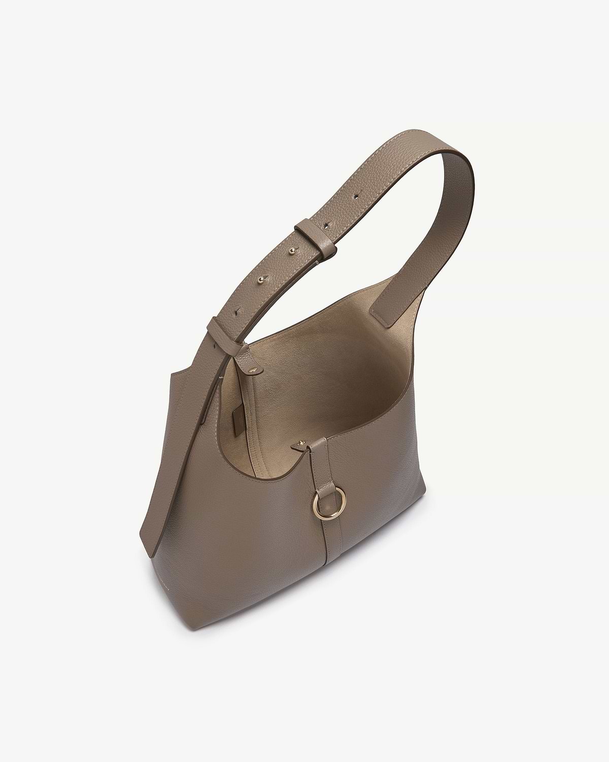 Taupe leather kite hobo bag with adjustable shoulder strap and gold ring detail.
