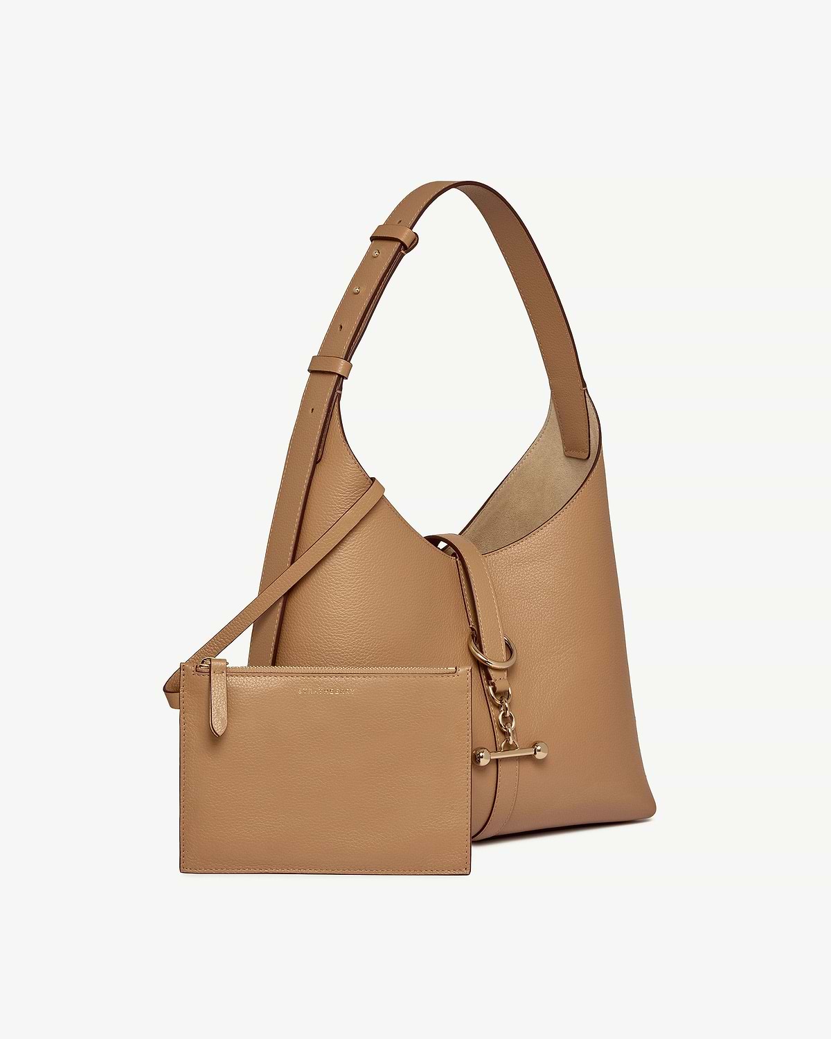 Caramel leather hobo bag with detachable pouch and gold hardware.