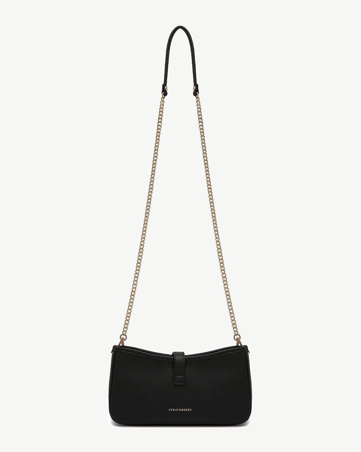 Black Strathberry Kite on a Chain bag with gold chain strap.