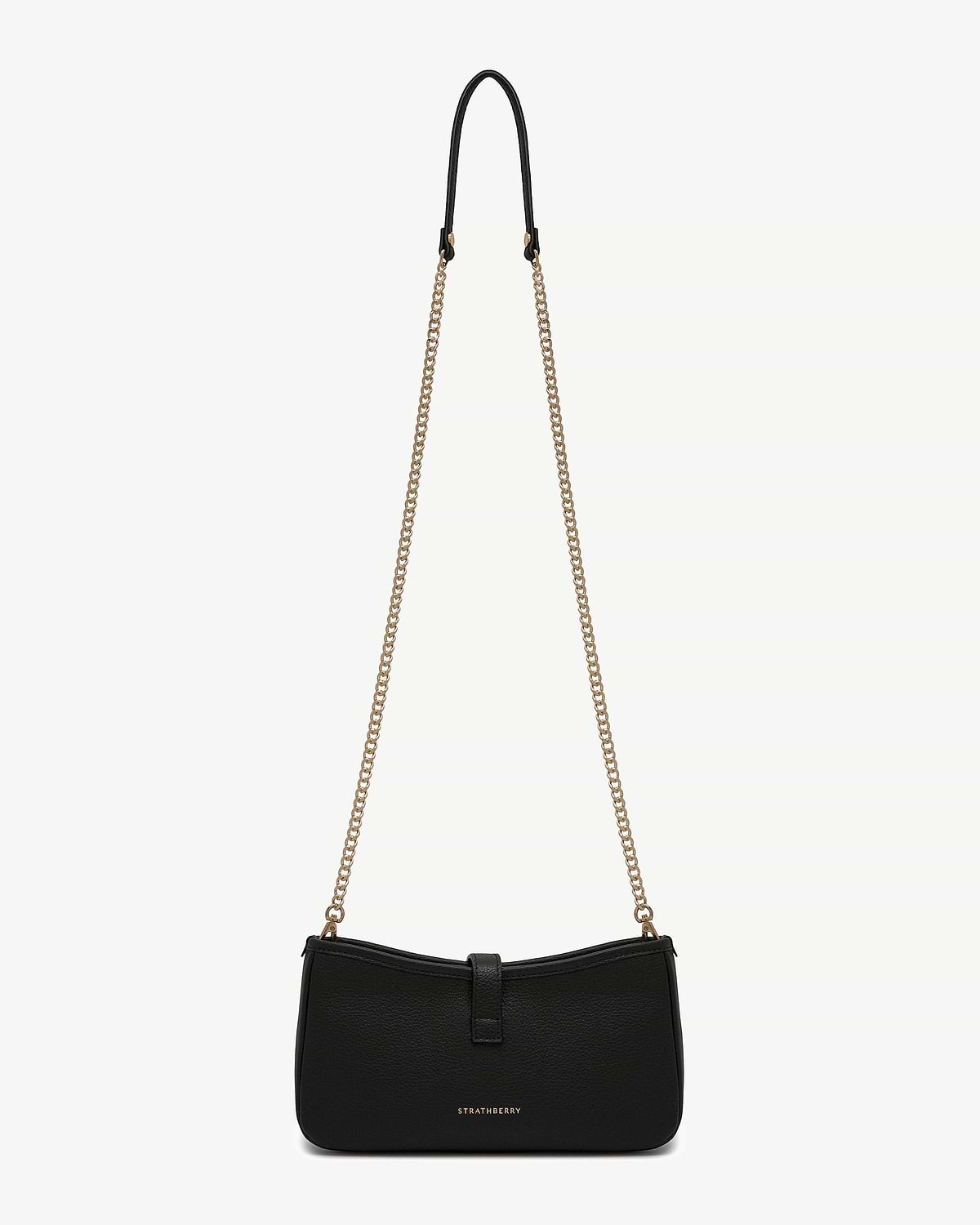 Black Strathberry Kite on a Chain bag with gold chain strap.