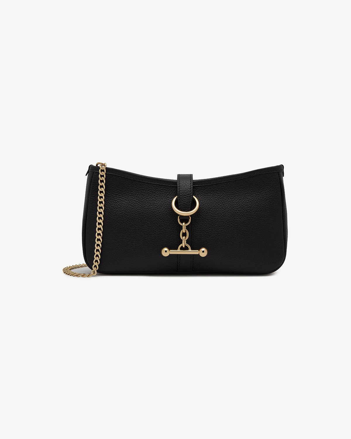 Black shoulder bag with gold chain strap and circular ring hardware.