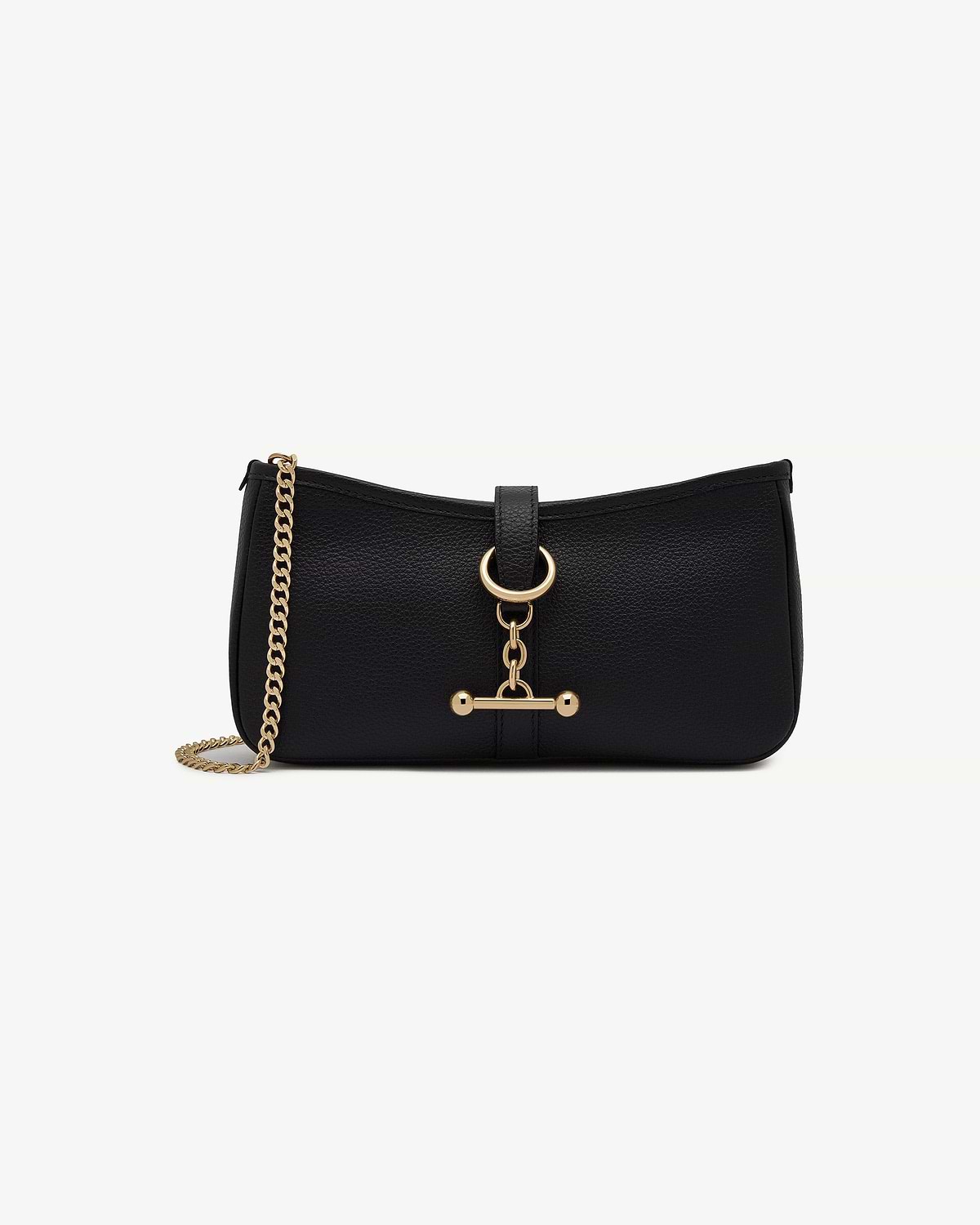 Black shoulder bag with gold chain strap and circular ring hardware.