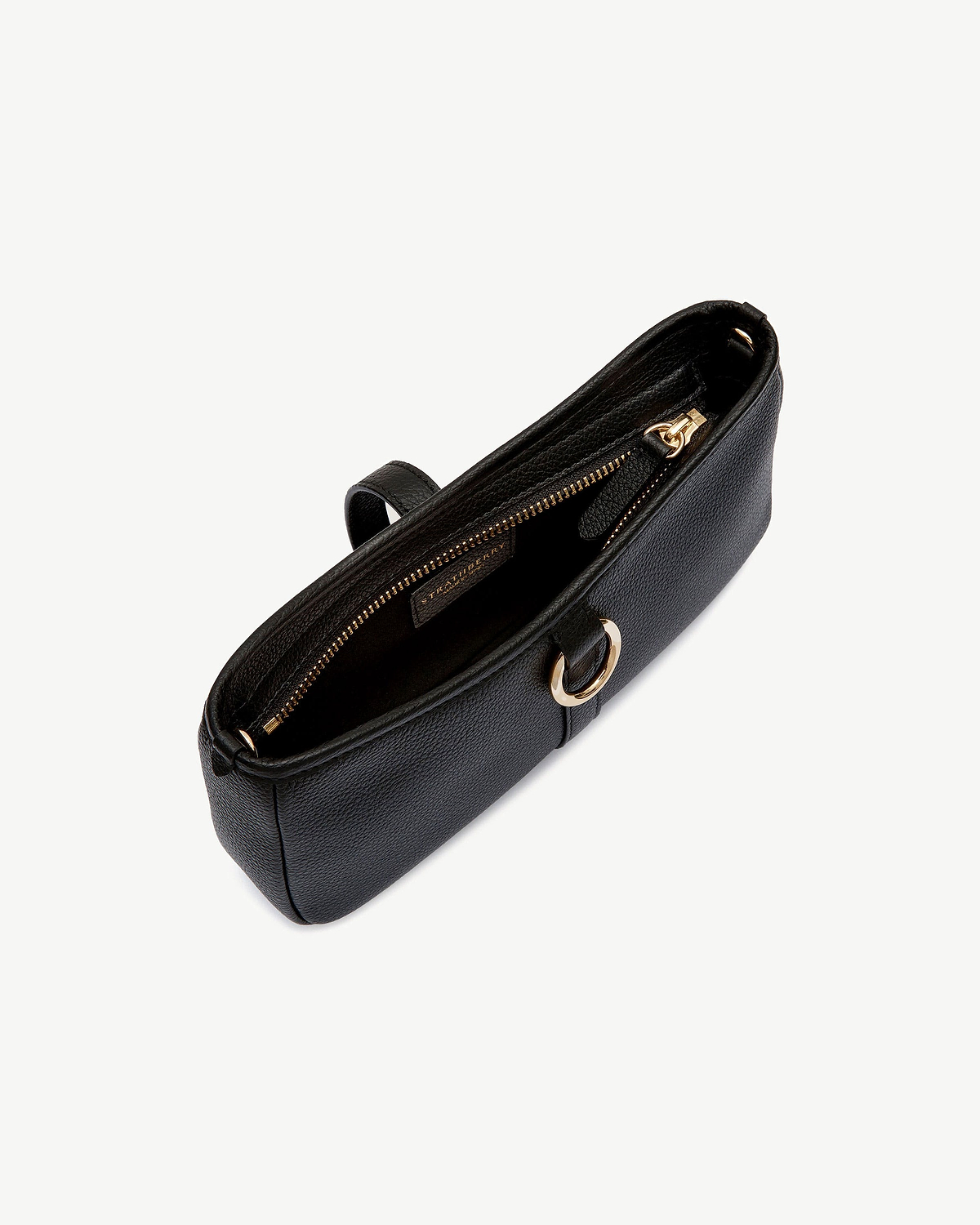 Black Strathberry kite on a chain bag with gold ring and zip top