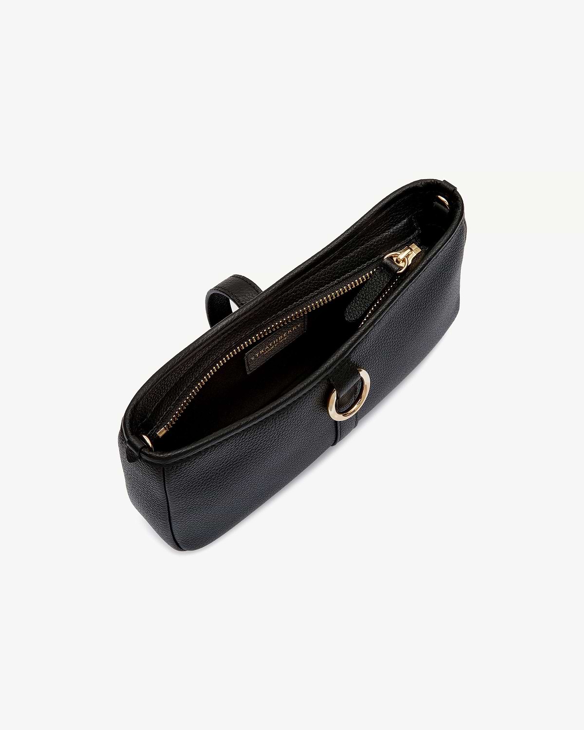 Black Strathberry kite on a chain bag with gold ring and zip top
