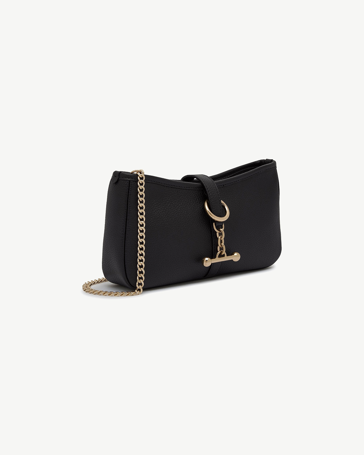 Black leather small cross-body bag with gold chain strap and T-bar hardware.