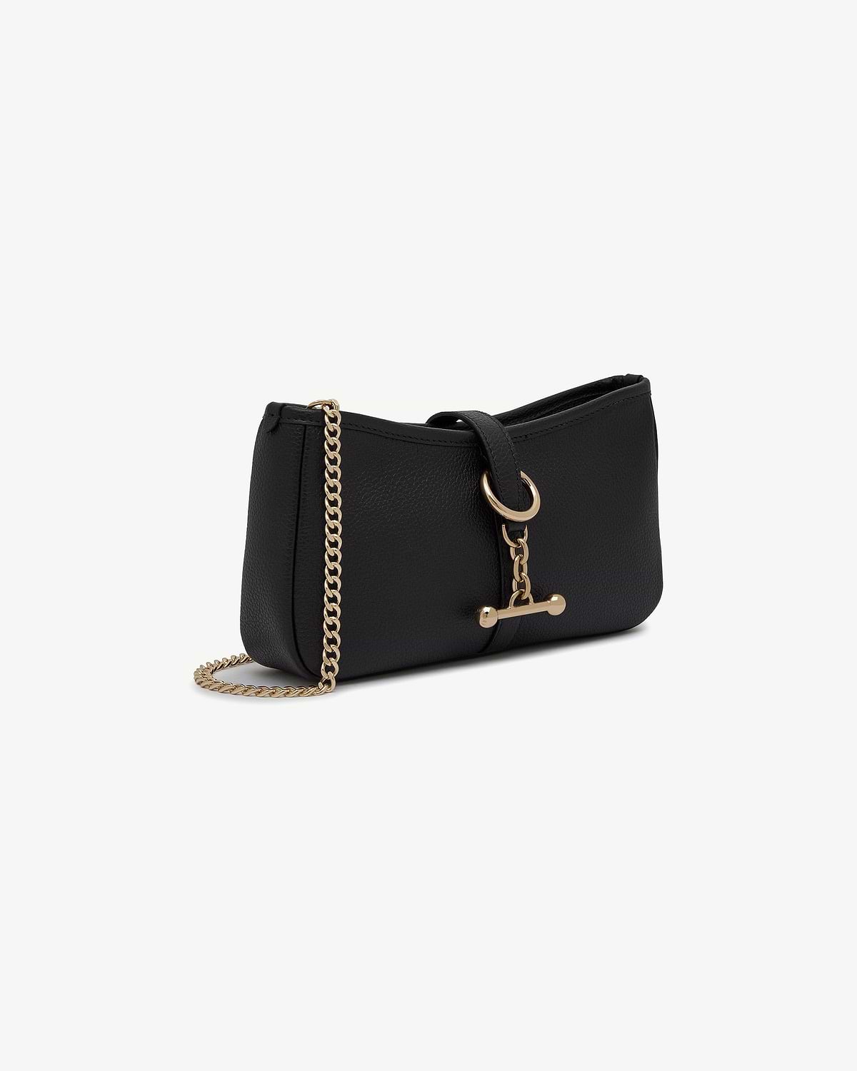 Black leather small cross-body bag with gold chain strap and T-bar hardware.