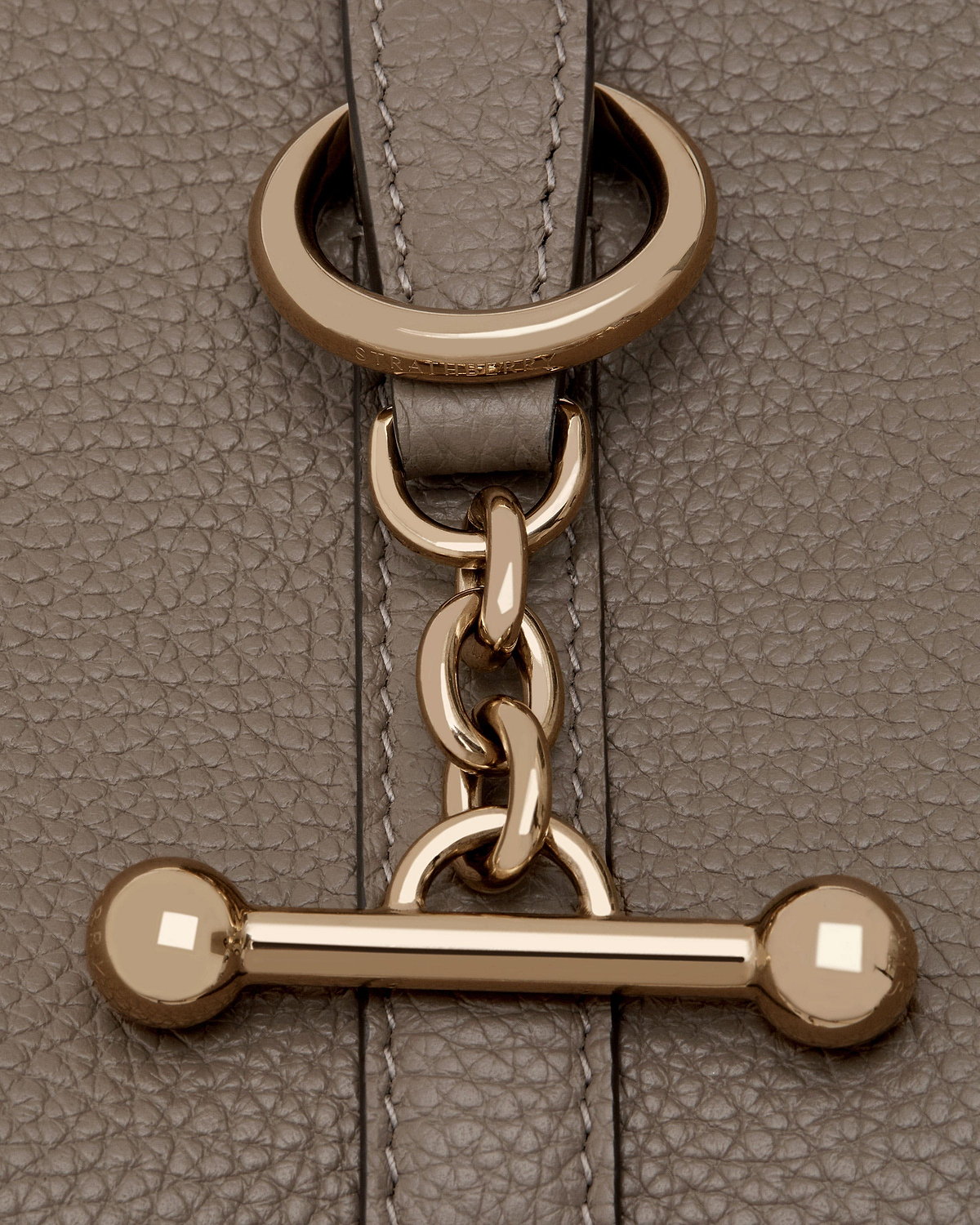 Taupe pebbled leather with gold Strathberry chain and T-bar hardware.