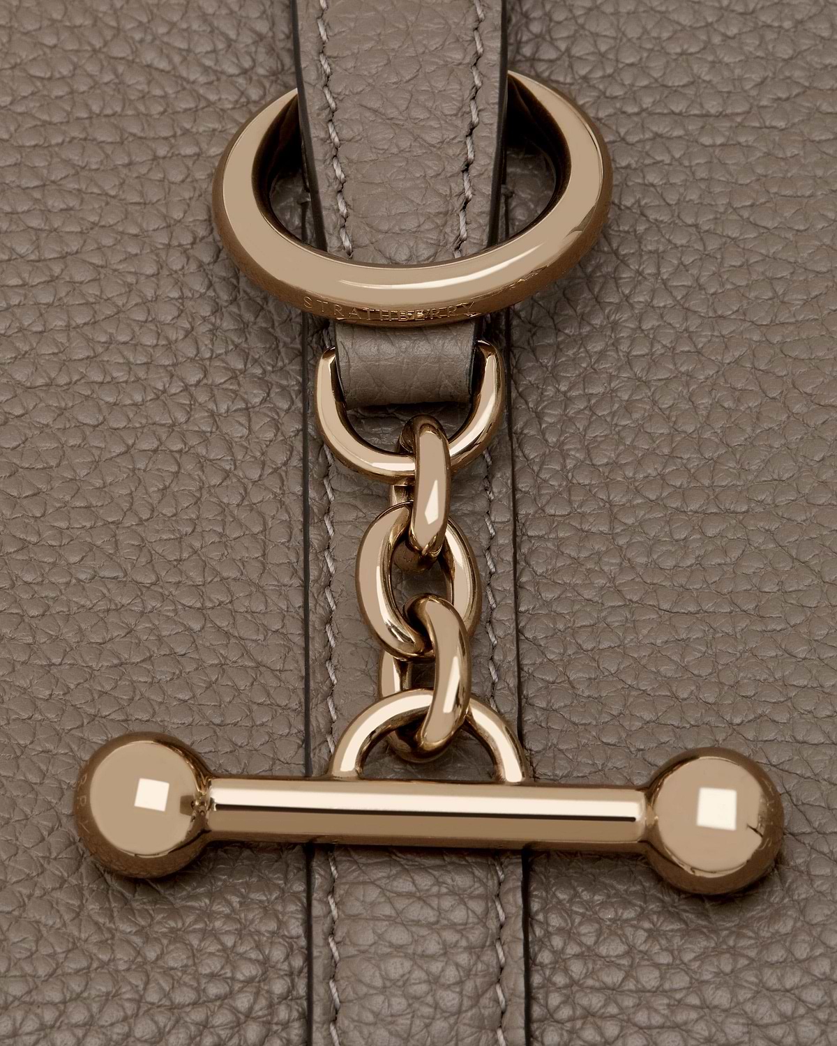 Taupe pebbled leather with gold Strathberry chain and T-bar hardware.