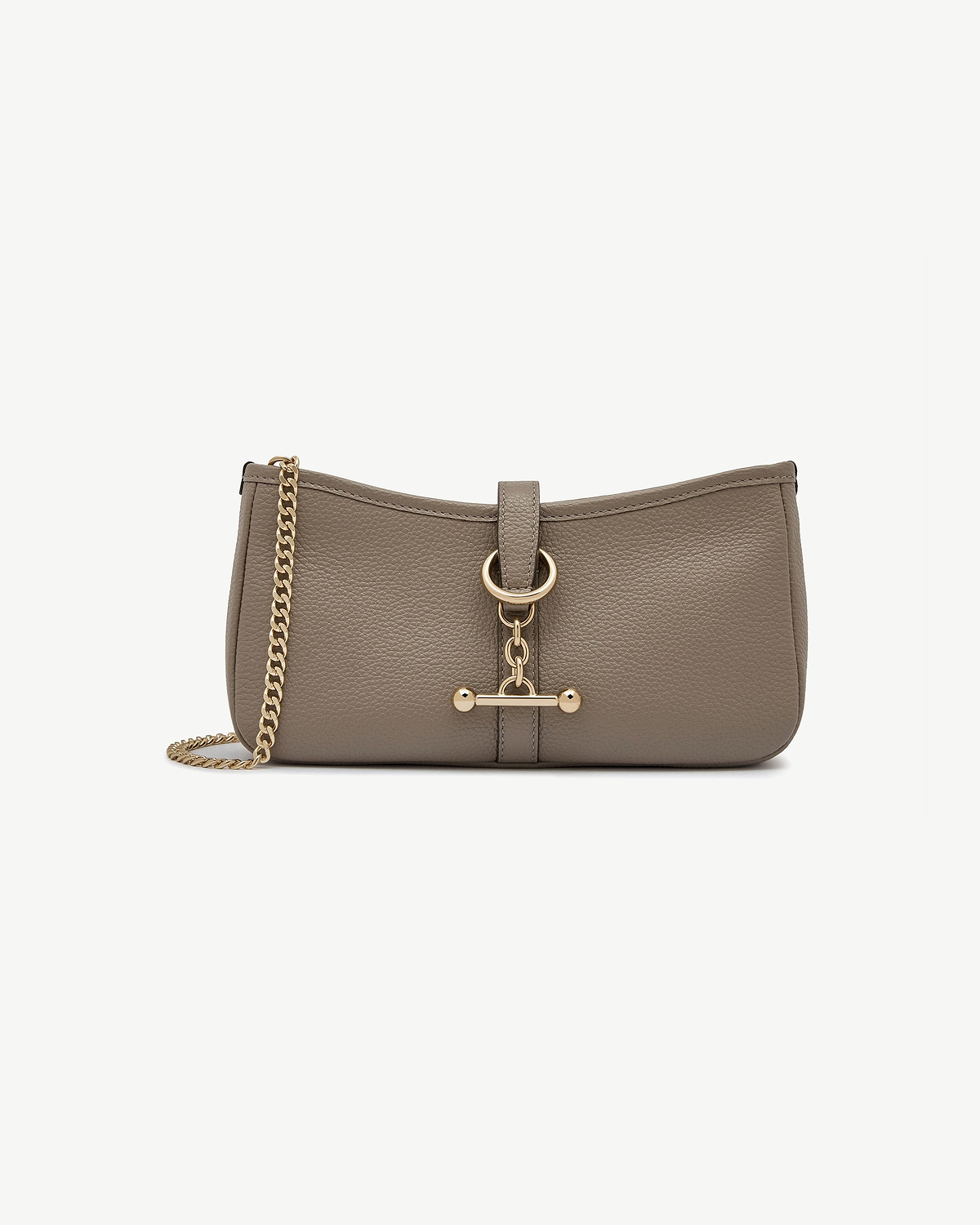 Taupe leather Kite on a Chain bag with gold chain strap and toggle clasp.