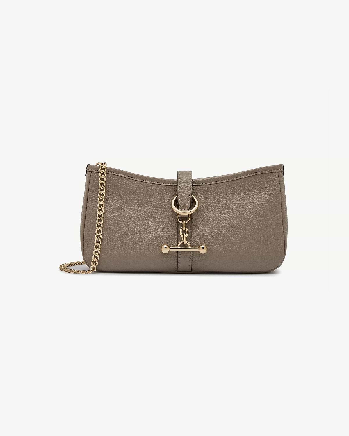 Taupe leather Kite on a Chain bag with gold chain strap and toggle clasp.