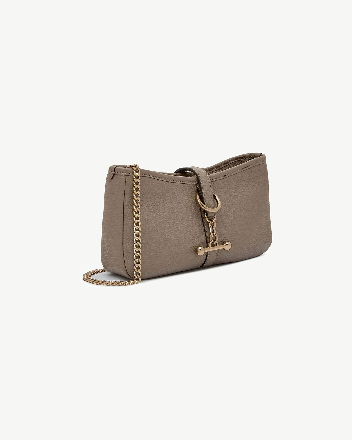 Taupe leather crossbody bag with gold chain and ring detail.