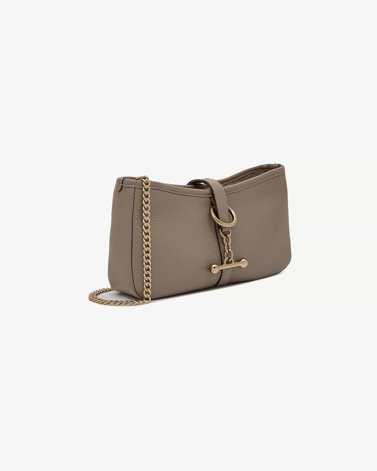 Taupe leather crossbody bag with gold chain and ring detail.