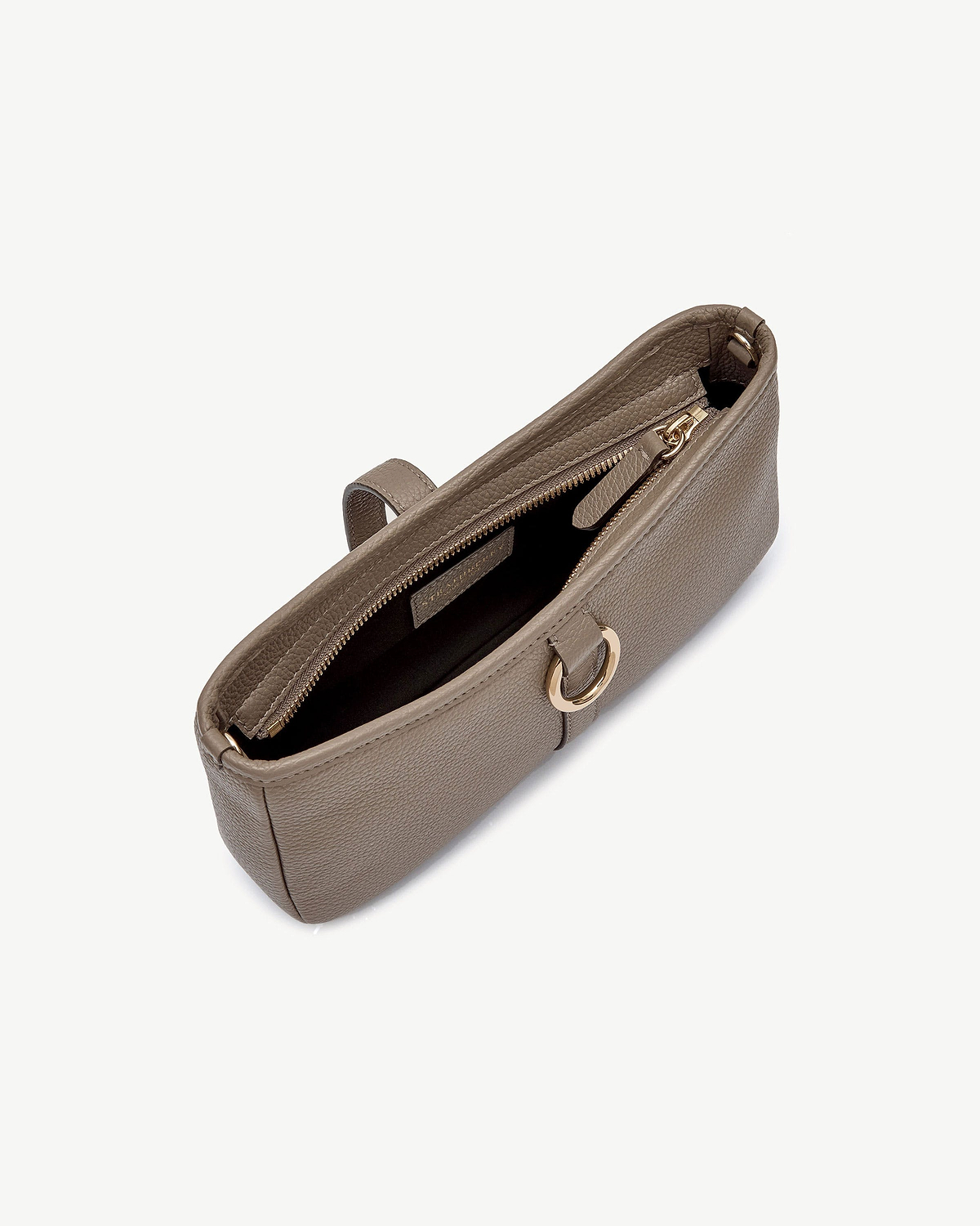 Top view of taupe Kite on a Chain bag showing zip and gold ring.