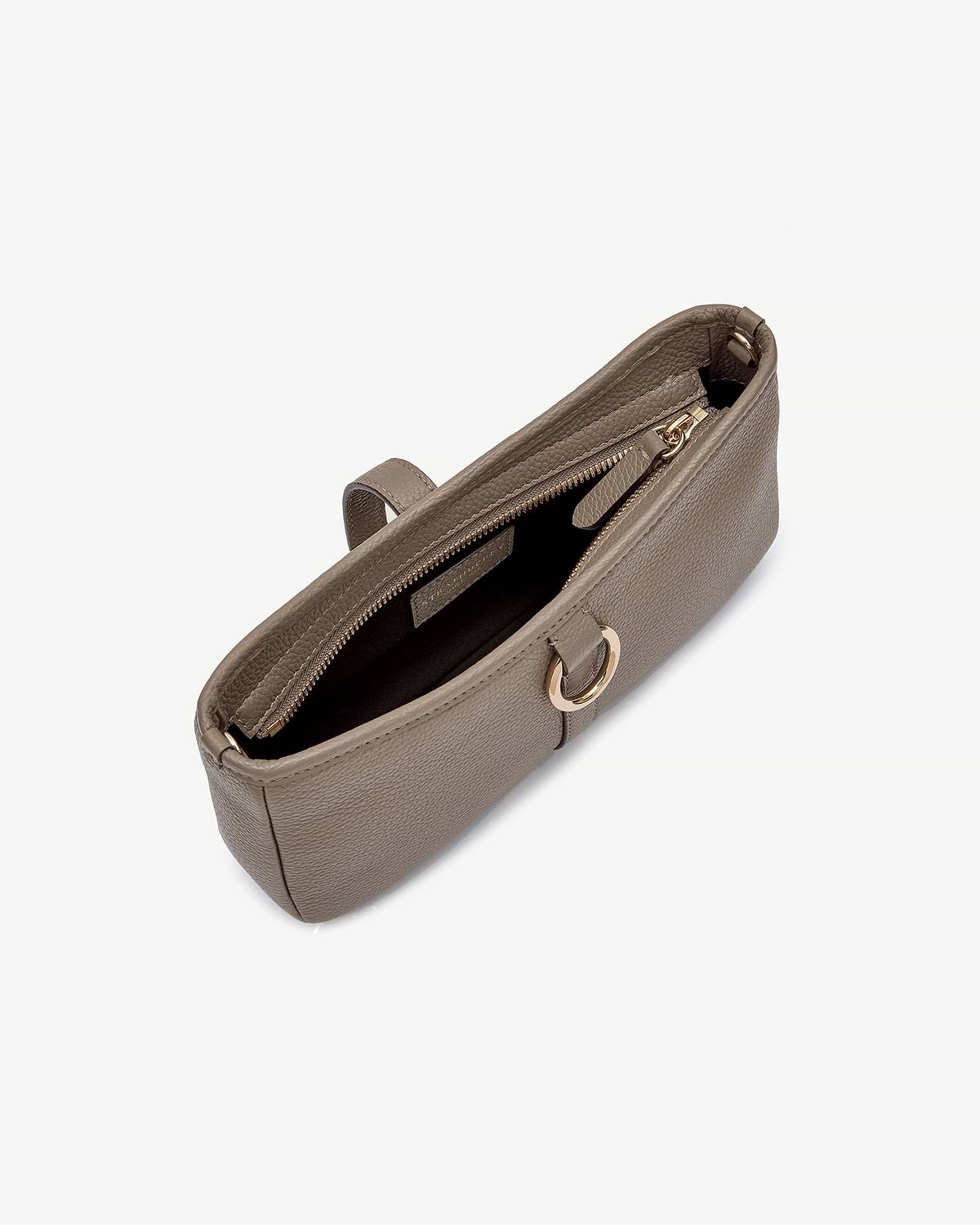 Top view of taupe Kite on a Chain bag showing zip and gold ring.