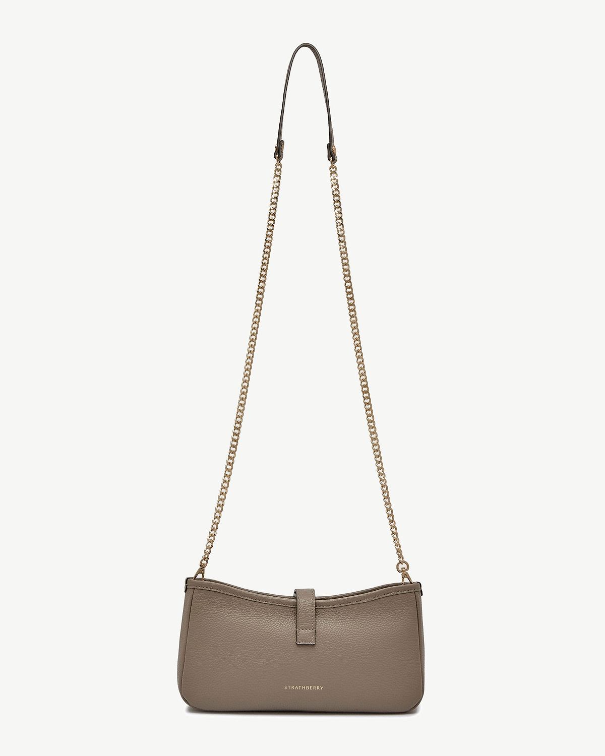 Taupe Strathberry Kite on a Chain shoulder bag with gold chain strap and front logo