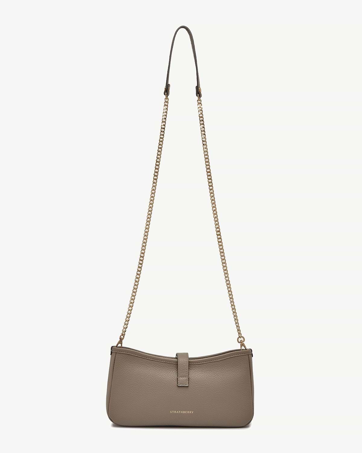 Taupe Strathberry Kite on a Chain shoulder bag with gold chain strap and front logo