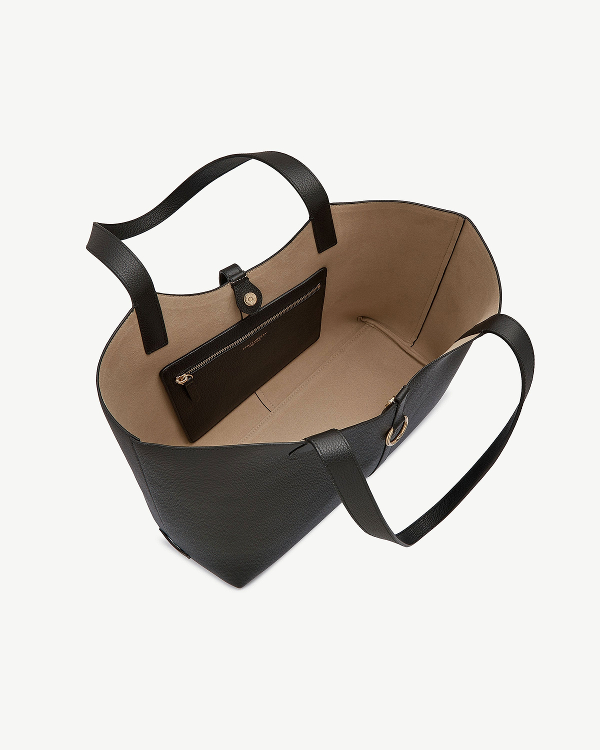Black kite tote open with beige interior, removable zip pouch, and gold hardware.