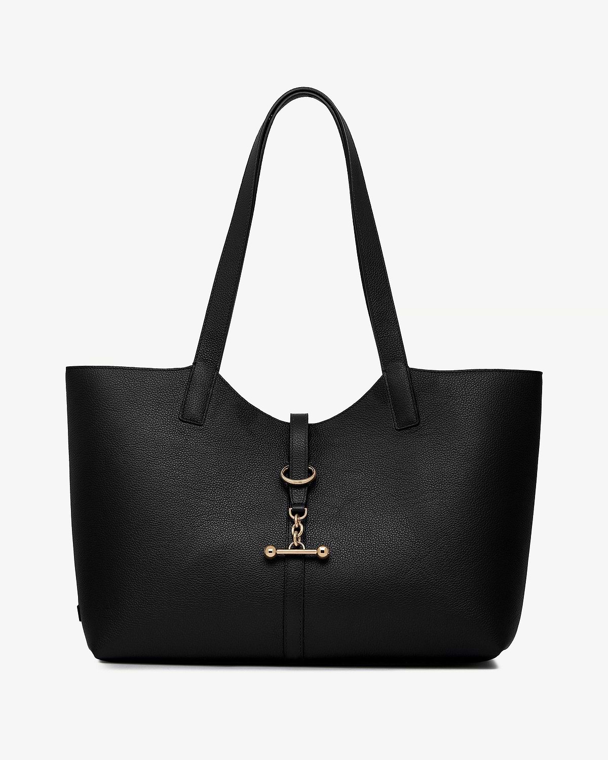 Black pebbled leather tote bag with gold bar and D-ring front hardware.