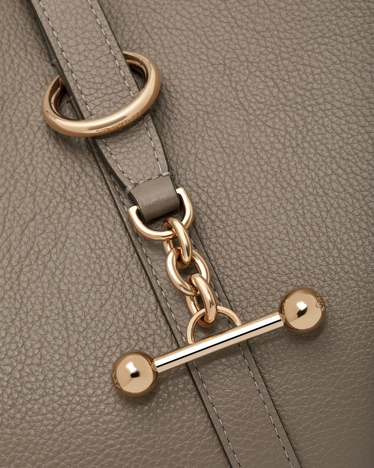 Taupe pebbled leather Kite Tote strap featuring gold chain and bar hardware.